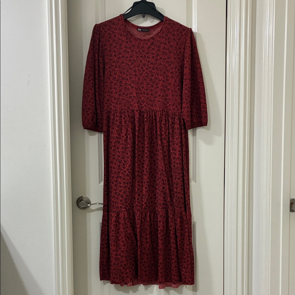 Zara Red Floral 3/4 Sleeve Tiered Midi Dress